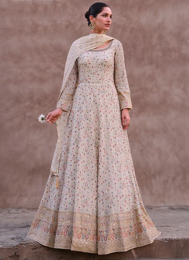 Georgette Cream Wedding Wear Sequins Work Readymade Gown With Dupatta